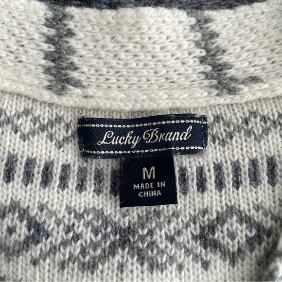 Lucky Brand Wool Alpaca V-Neck Striped Tunic White Gray Cream Lace Up Sweater M - Picture 6 of 7